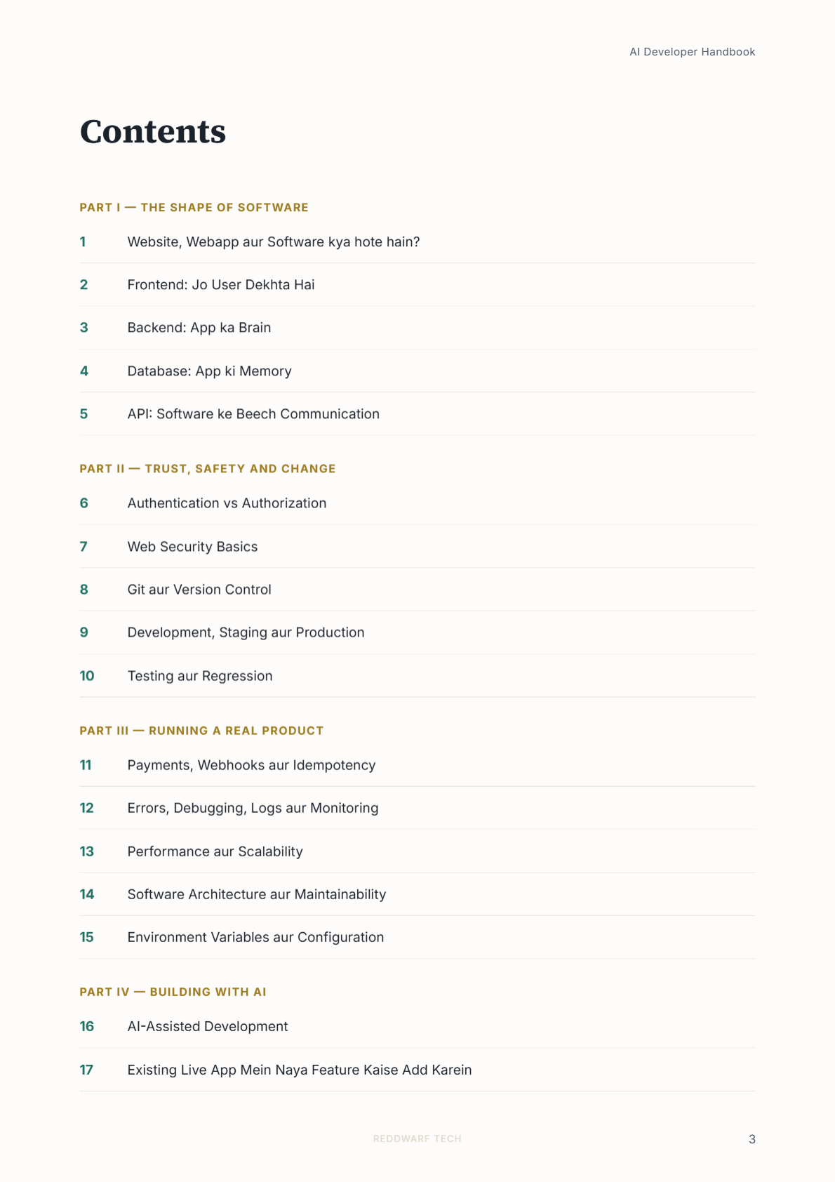 Contents page from the AI Developer Handbook